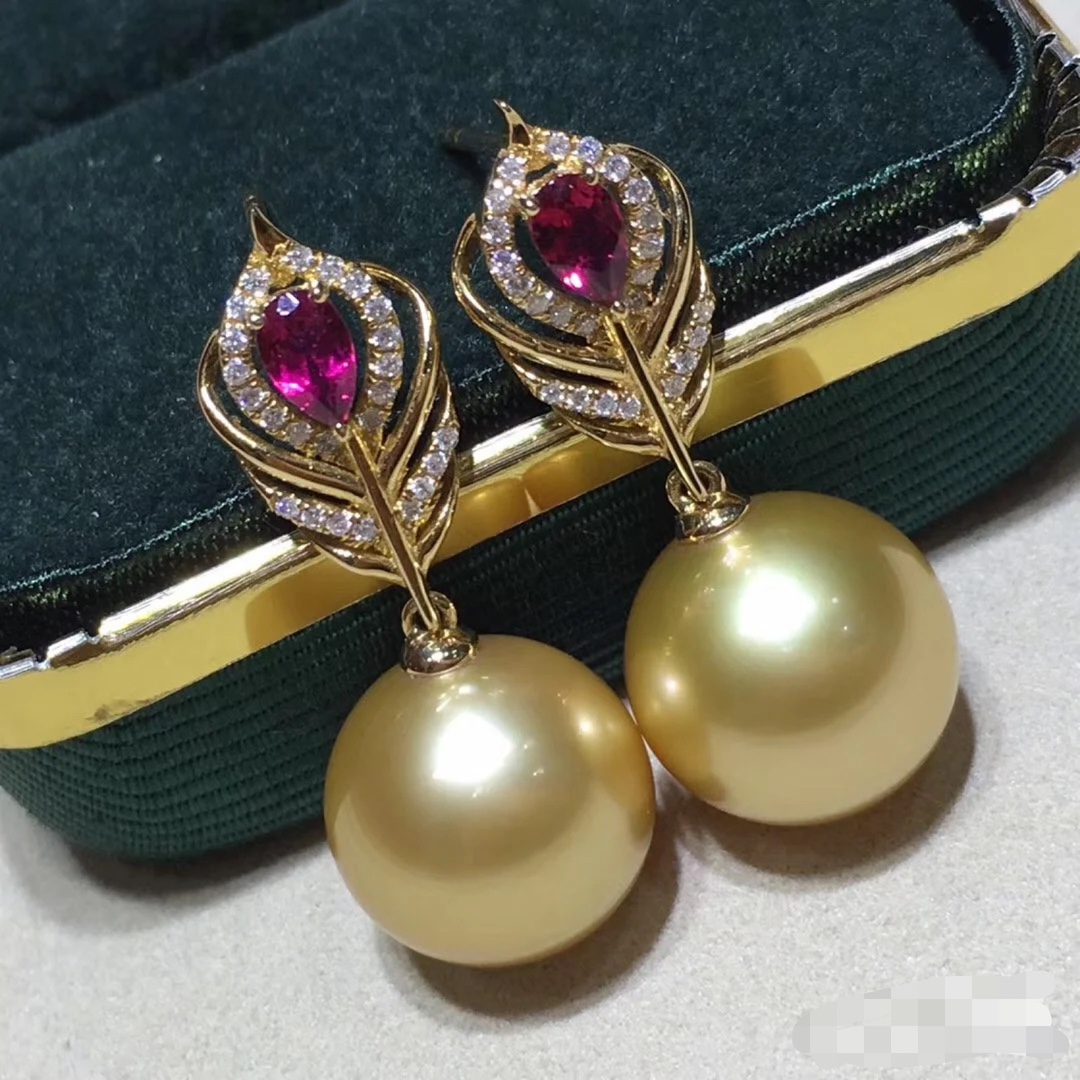 RE203T10 天然真珠のイヤリング、ゴールドフェザーデザイン