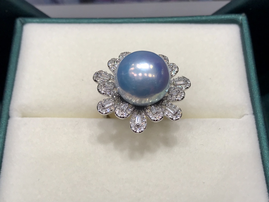 JE121S190 天然パールリング、13-14mm パール象嵌スターリングシルバー、ひまわりオープンリング - 画像 (5)