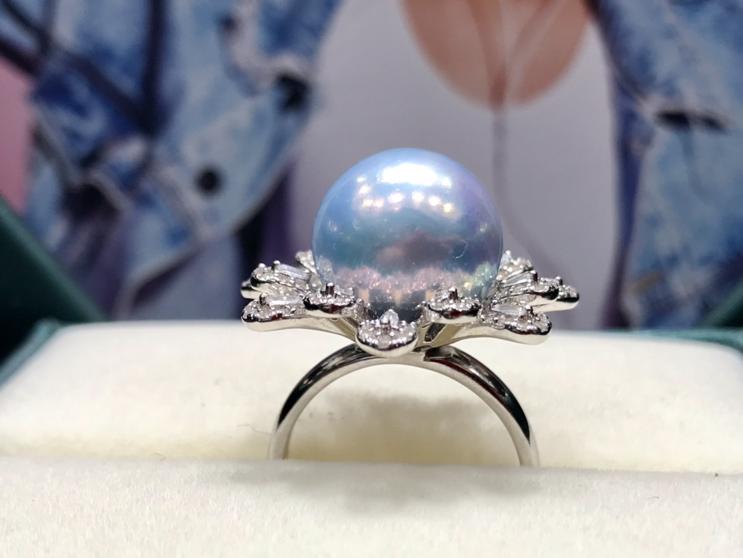 JE121S190 天然パールリング、13-14mm パール象嵌スターリングシルバー、ひまわりオープンリング - 画像 (4)