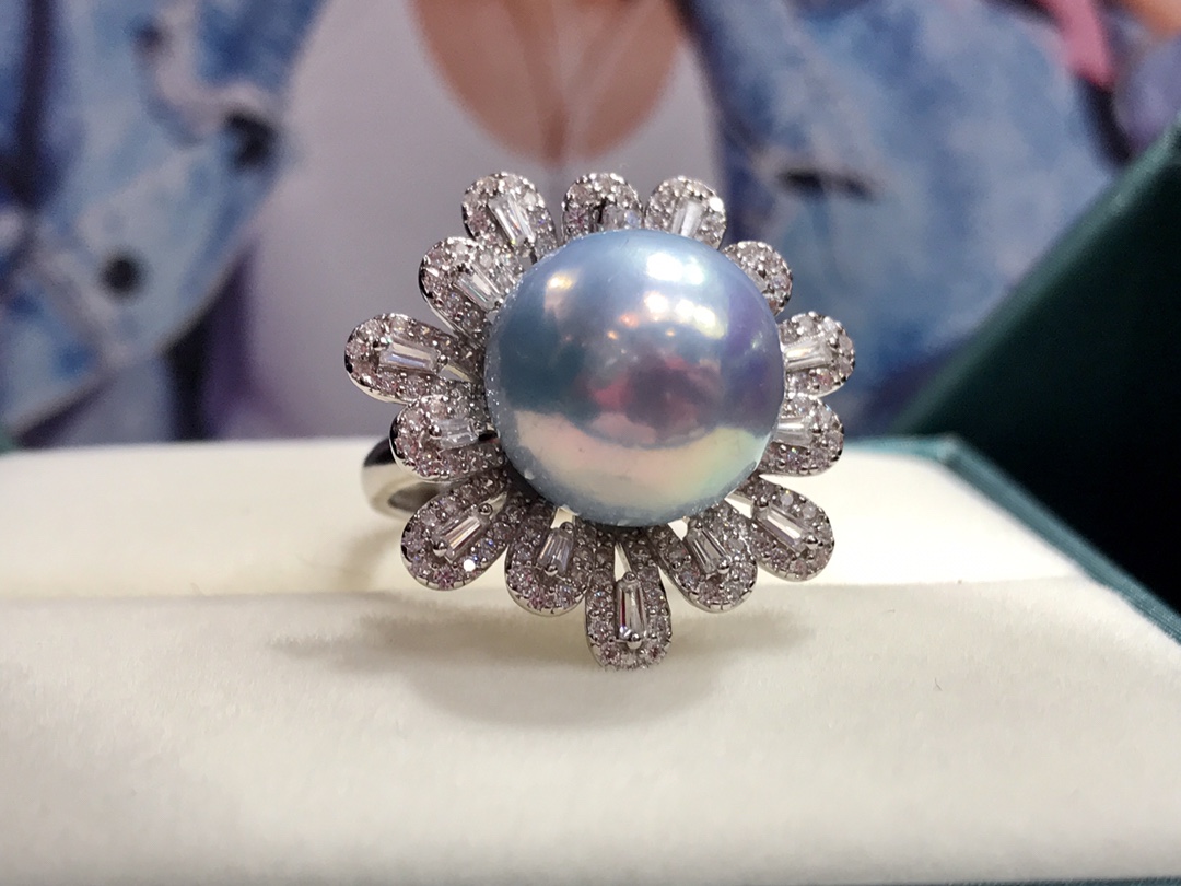 JE121S190 天然パールリング、13-14mm パール象嵌スターリングシルバー、ひまわりオープンリング