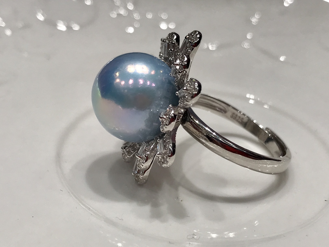 JE121S190 天然パールリング、13-14mm パール象嵌スターリングシルバー、ひまわりオープンリング - 画像 (2)