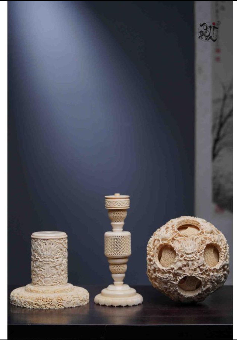 天然マンモス牙美しい手作り彫刻 2龍鳳呈祥?福満天下 置物 - 画像 (8)