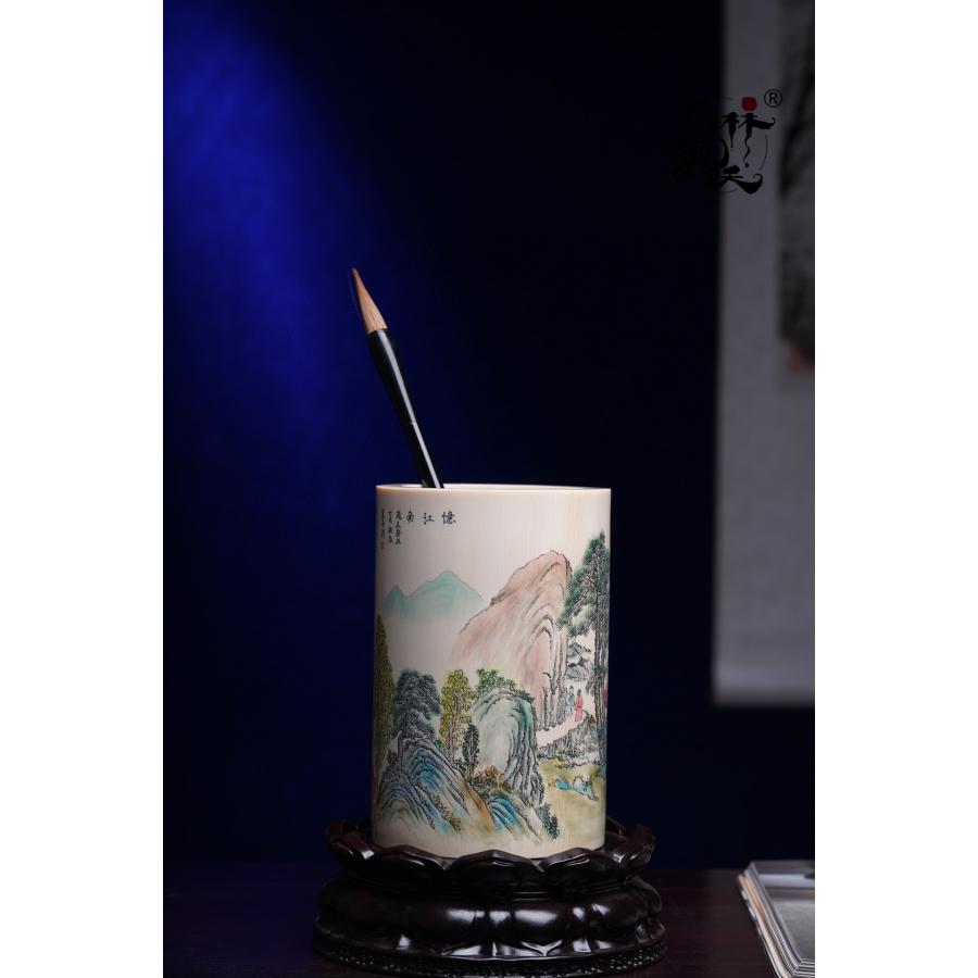 天然 マンモスの牙 精緻 絵画山水 筆筒 - 画像 (2)