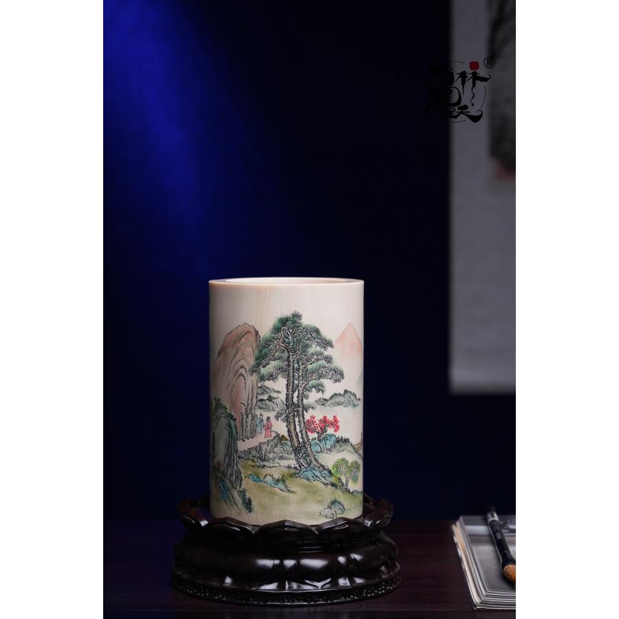 天然 マンモスの牙 精緻 絵画山水 筆筒 - 画像 (3)