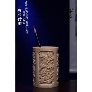 天然　マンモスの牙 精巧彫刻 梅蘭竹菊・筆筒