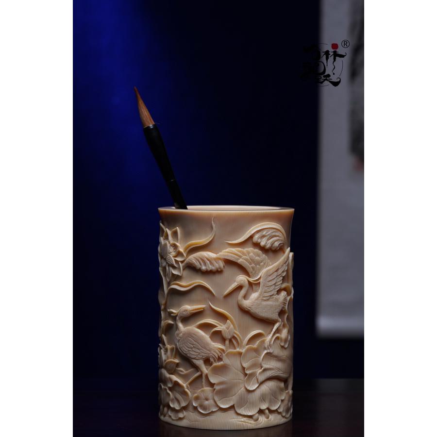 天然 マンモスの牙 精緻彫刻 一鷺蓮昇 筆筒 - 画像 (3)