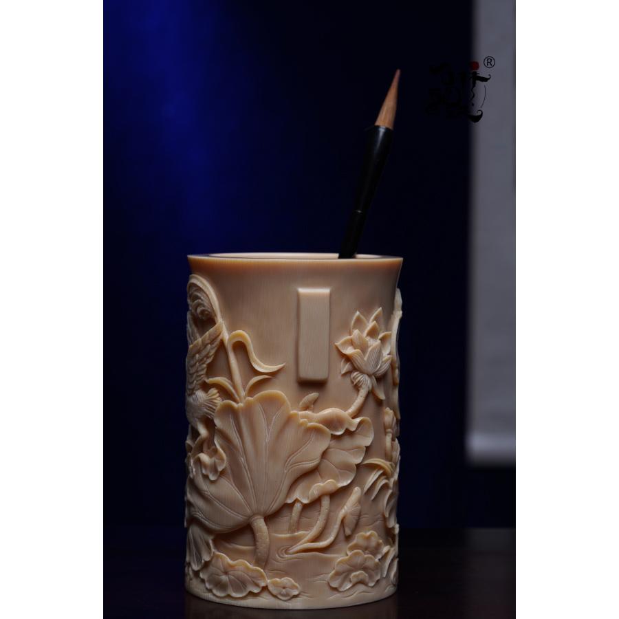 天然 マンモスの牙 精緻彫刻 一鷺蓮昇 筆筒 - 画像 (5)