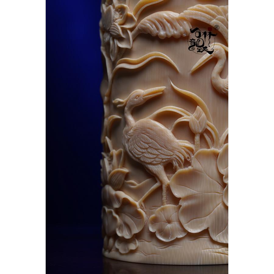 天然 マンモスの牙 精緻彫刻 一鷺蓮昇 筆筒 - 画像 (6)