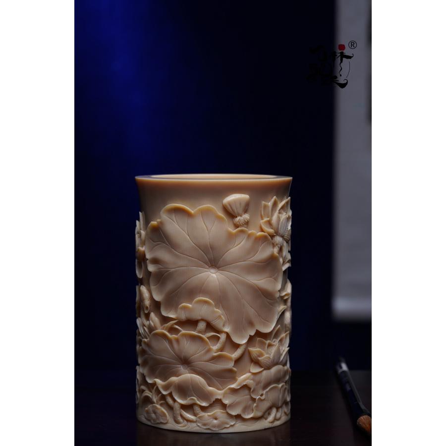 天然 マンモスの牙 精緻彫刻 一鷺蓮昇 筆筒 - 画像 (8)