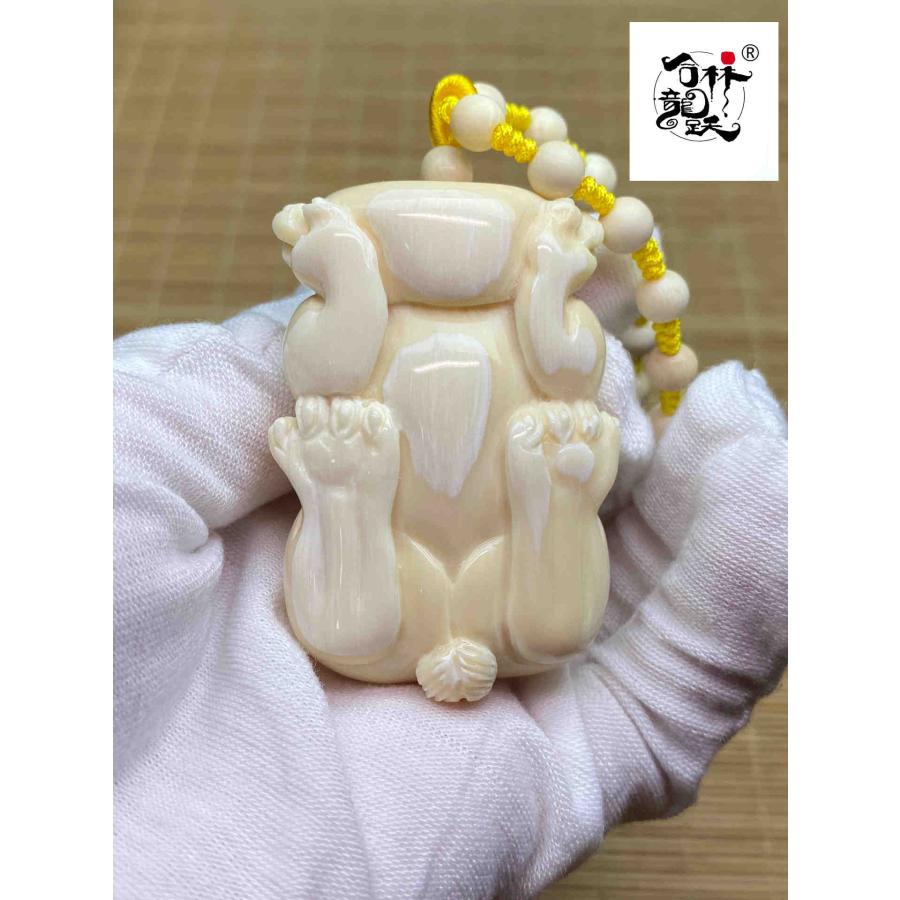 天然マンモス牙美しい手作り彫刻金運を招き玉兎握り物 - 画像 (7)