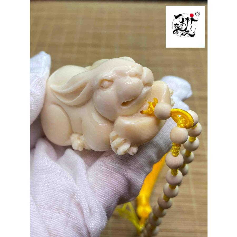 天然マンモス牙美しい手作り彫刻金運を招き玉兎握り物 - 画像 (8)