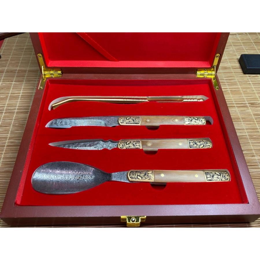 天然マンモス牙美しい手作り彫刻 ダマスカス 茶葉ナイフセット - 画像 (2)