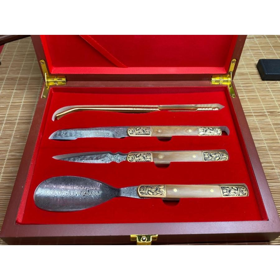 天然マンモス牙美しい手作り彫刻 ダマスカス 茶葉ナイフセット