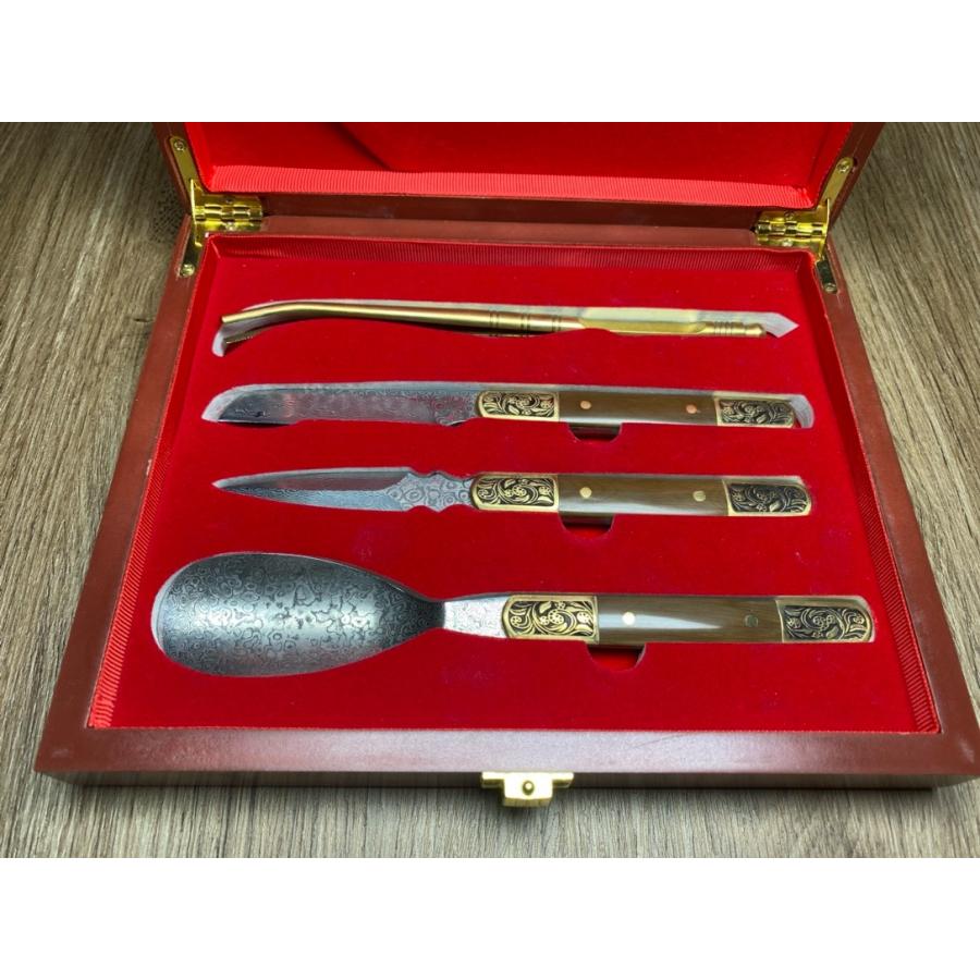 天然マンモス牙美しい手作り彫刻 ダマスカス 茶刀 セット - 画像 (2)