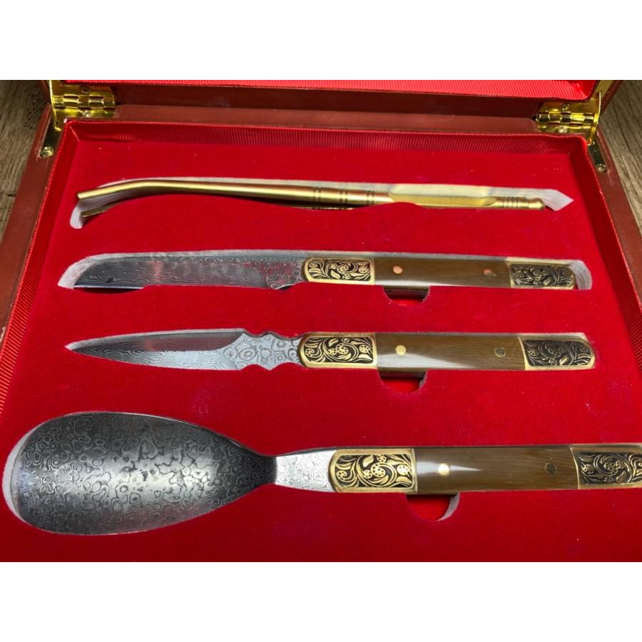 天然マンモス牙美しい手作り彫刻 ダマスカス 茶刀 セット - 画像 (3)