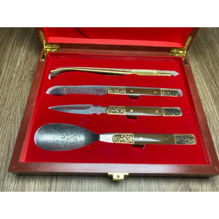 天然マンモス牙美しい手作り彫刻 ダマスカス 茶刀 セット