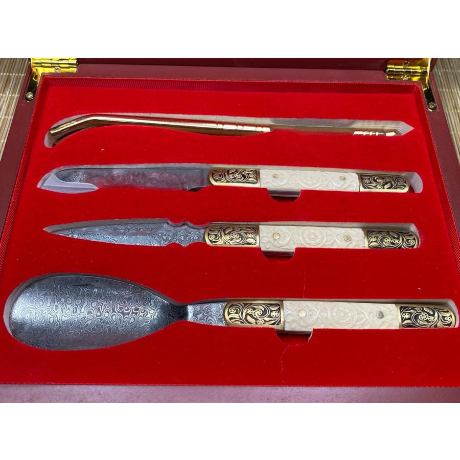 天然マンモス牙美しい手作り彫刻 ダマスカス 白柄茶葉ナイフ セット - 画像 (2)