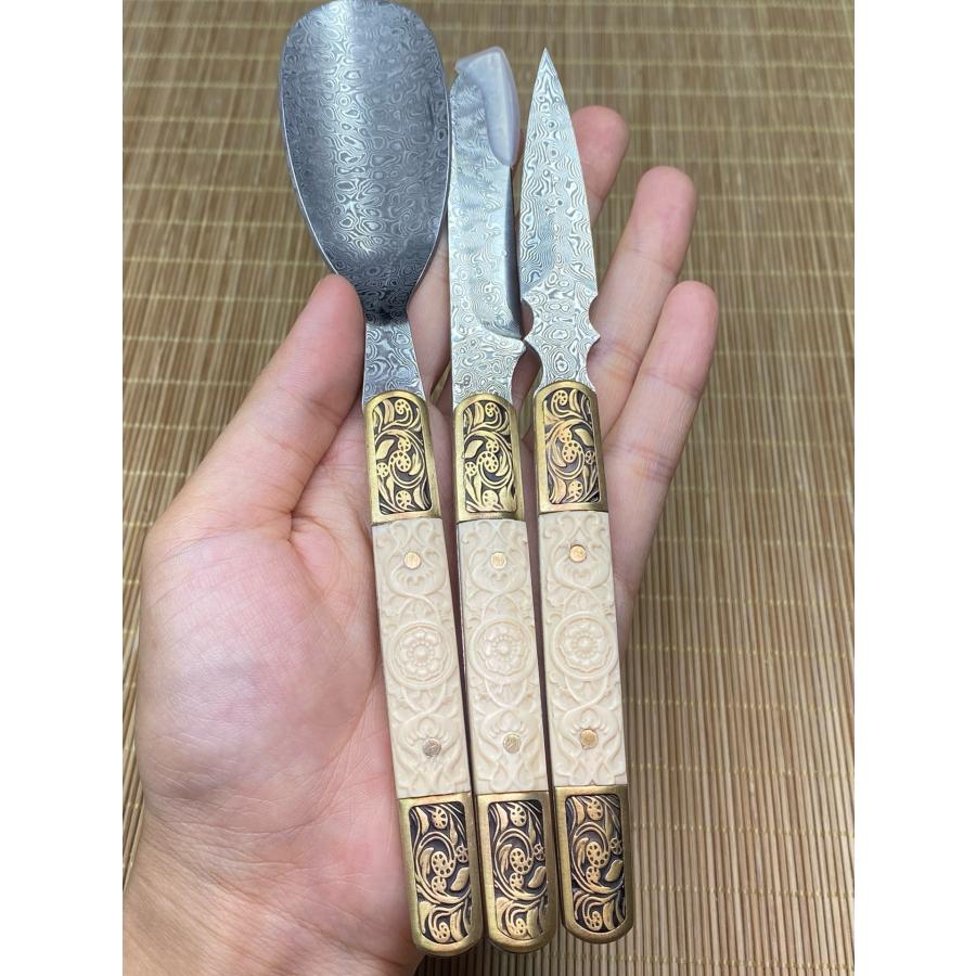 天然マンモス牙美しい手作り彫刻 ダマスカス 白柄茶葉ナイフ セット - 画像 (5)