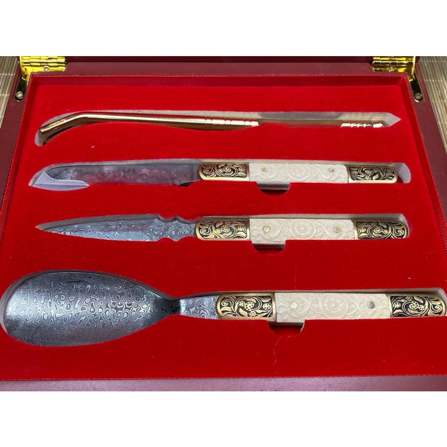 天然マンモス牙美しい手作り彫刻 ダマスカス 白柄茶葉ナイフ セット