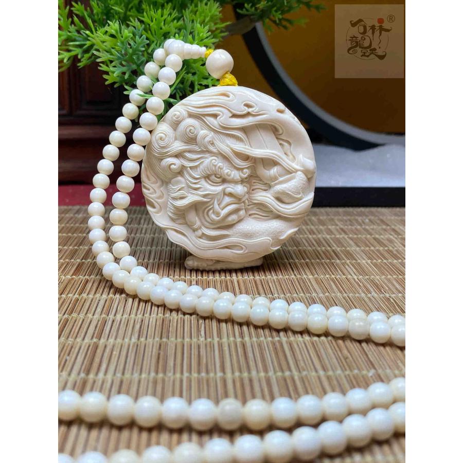 天然マンモス牙美しい手作り彫刻 竹林観音 ネックレス 天然マンモス牙