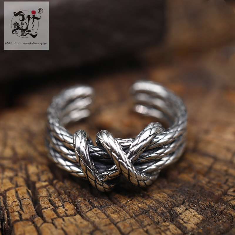 925タイシルバー、トレンディなアクセサリー、昔ながらの人差し指オープンリング、織り込まれた男性と女性のパーソナライズされたリング - 画像 (2)