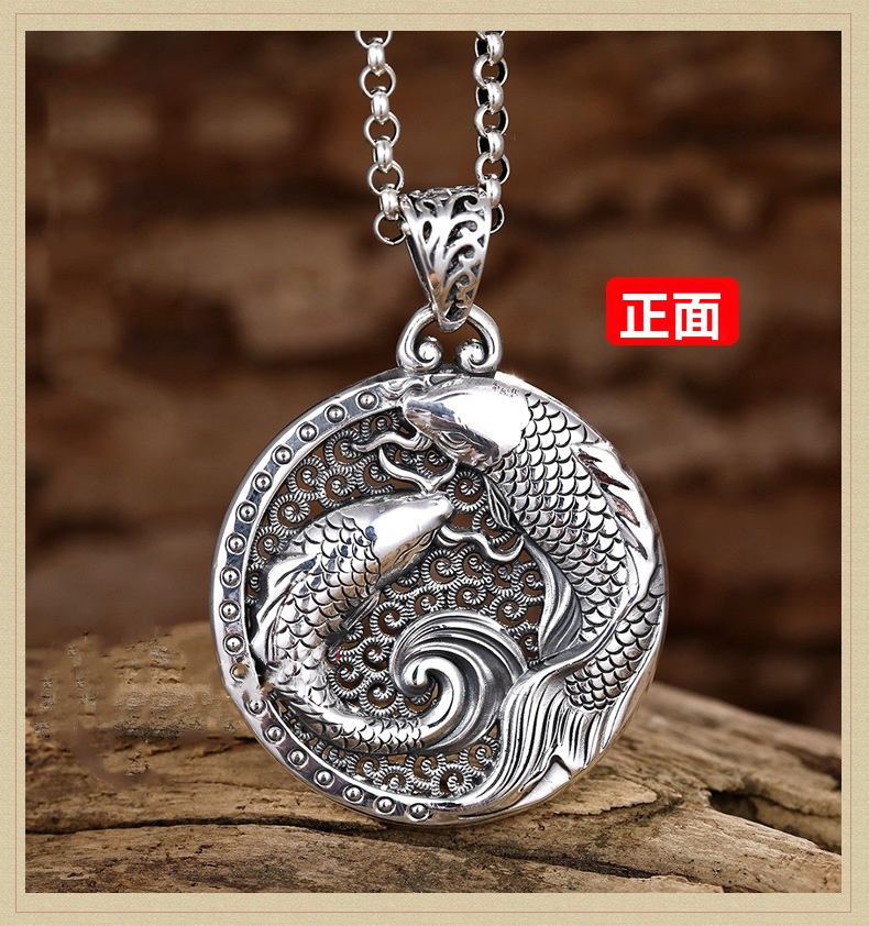 ダブル鯉の幸運のお守りペンダント、ヴィンテージセーターネックレス、タイシルバーの水遊びダブルフィッシュネックレスペンダント - 画像 (5)