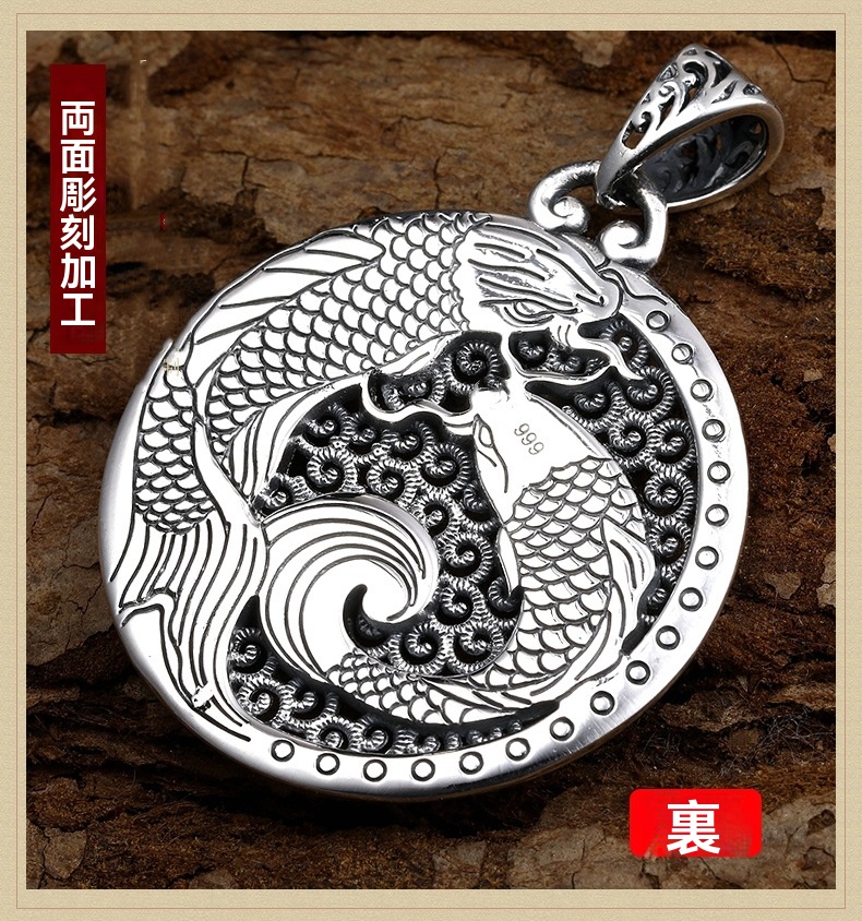 ダブル鯉の幸運のお守りペンダント、ヴィンテージセーターネックレス、タイシルバーの水遊びダブルフィッシュネックレスペンダント - 画像 (4)